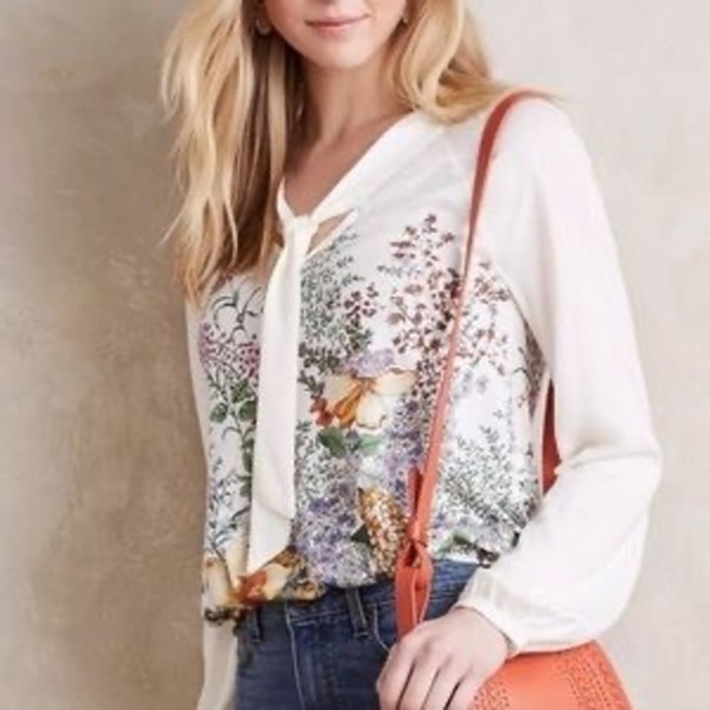 Meadow Rue Anthropologie Floral Tie Neck Blouse Cream Long Sleeve Top Large